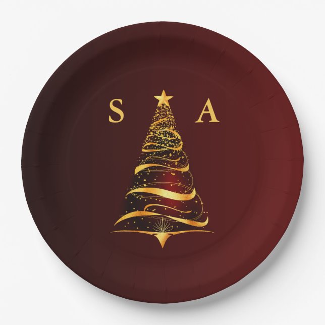 Chic Stylish Gold Christmas Tree Monogram Wedding Pappteller (Vorderseite)