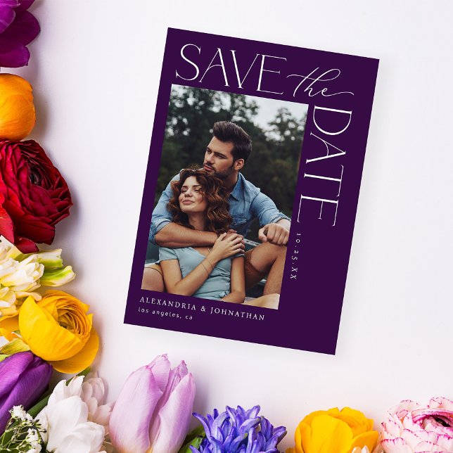 Chic Stylish Mod Foto Save the Date 2 Dunkel Lila Einladung (Von Creator hochgeladen)