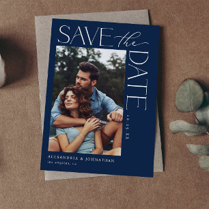 Chic Stylish Mod Foto Save the Date 2 Navy Blue Einladung