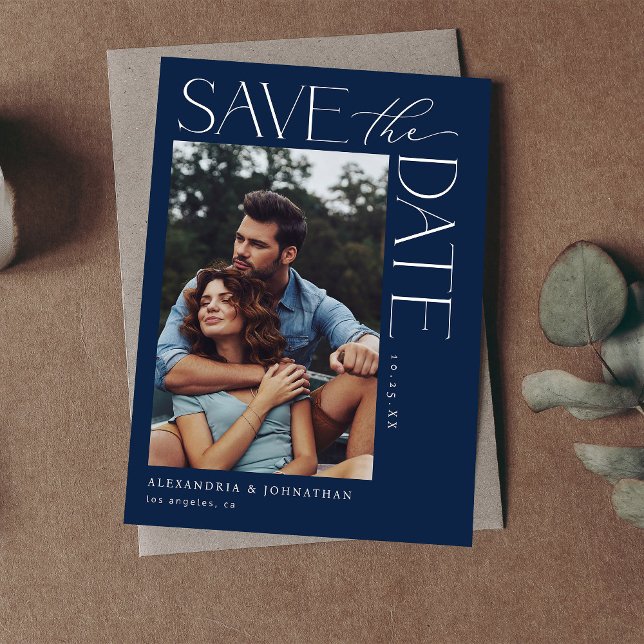 Chic Stylish Mod Foto Save the Date 2 Navy Blue Einladung (Von Creator hochgeladen)