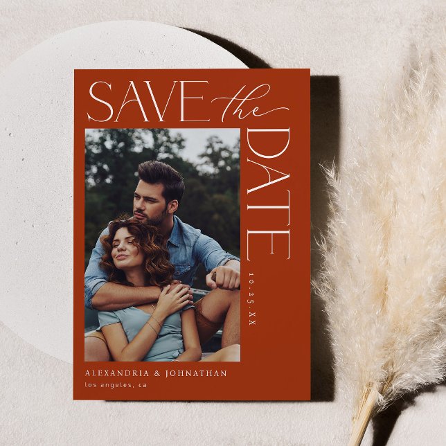 Chic Stylish Mod Foto Save the Date 2 Rost Orange Einladung (Von Creator hochgeladen)