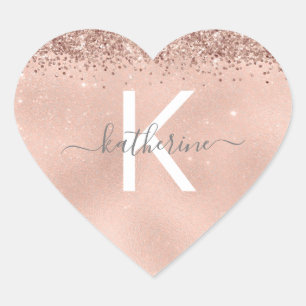 Chic Stylish Rose Gold Glitzer Monogram Name Herz-Aufkleber