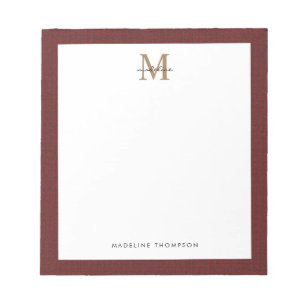 Chic Stylish Script Tweed Red Gold Monogram Notizblock