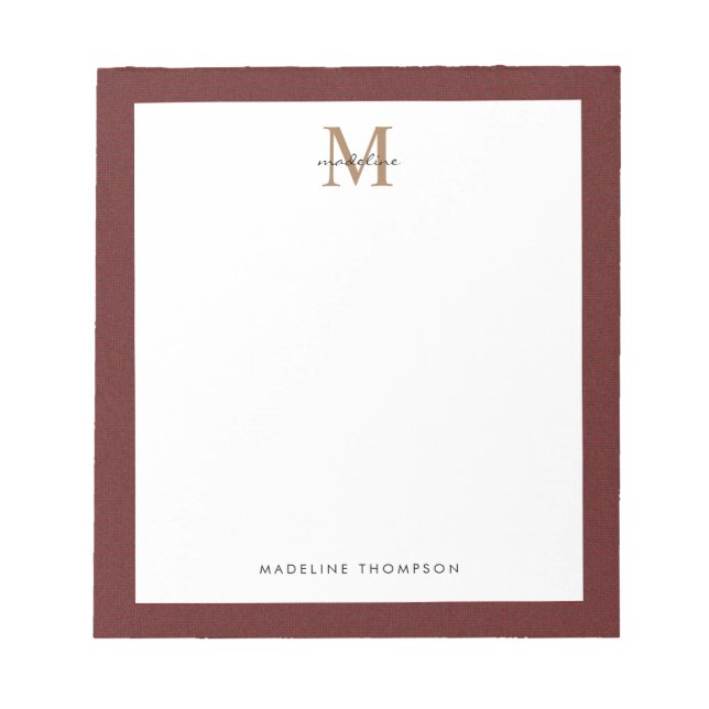 Chic Stylish Script Tweed Red Gold Monogram Notizblock (Vorderseite)