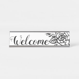 Chic Stylish Welcome Blume Empfang Schwarz-weiß Schreibtischnamensplakette