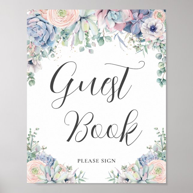 Chic Succulents Blush Floral Wedding Guest Book Poster (Vorne)