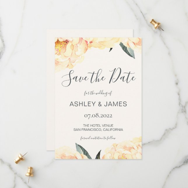 Chic Summer Yellow Peony Calligraphy Save the Date (Vorderseite/Rückseite Beispiel)