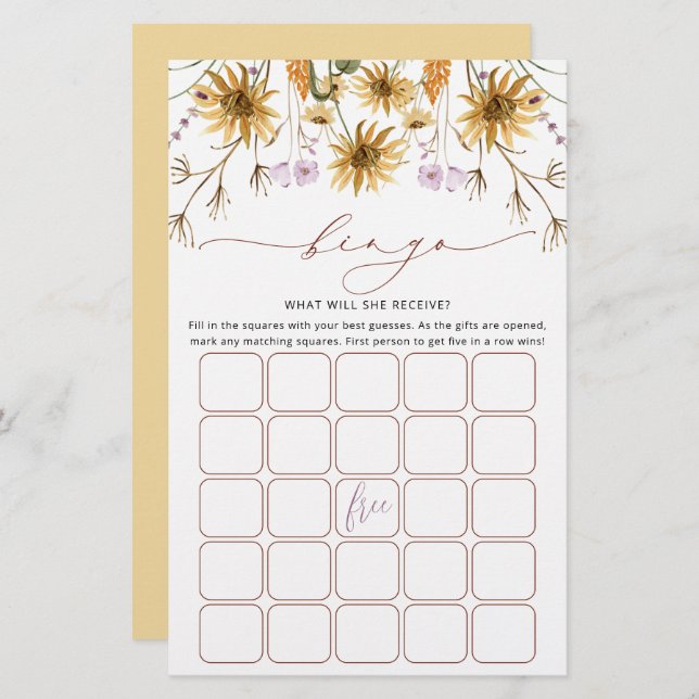 Chic Sunflower Bridal Bingo Game Card (Vorne/Hinten)