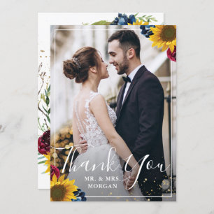 Chic Sunflower Burgundy Navy Blue Floral Foto Dankeskarte