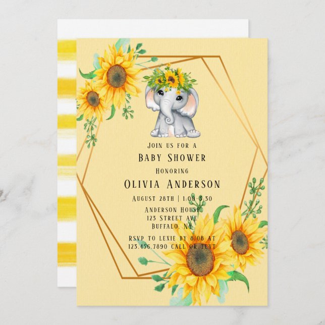 Chic Sunflower Elephant Girl Baby Dusche Einladung (Vorne/Hinten)