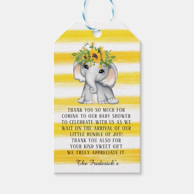 Chic Sunflower Elephant Girl Baby Dusche Vielen Da Geschenkanhänger (Vorderseite)