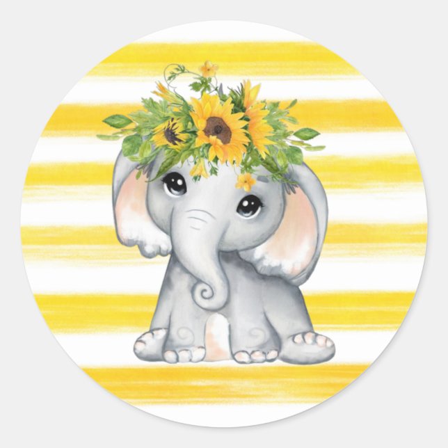 Chic SunFlower Elephant Stripes Babydusche Runder Aufkleber (Vorderseite)