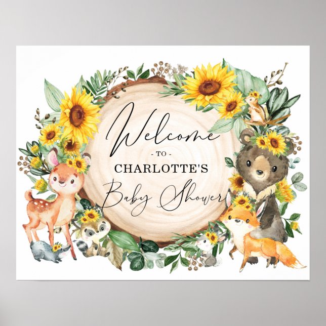 Chic Sunflower Woodland Forest Baby Dusche Empfang Poster (Vorne)
