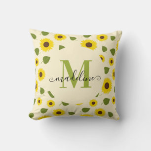 Chic Sunflower Yellow Green Leaf Script Monogram Kissen