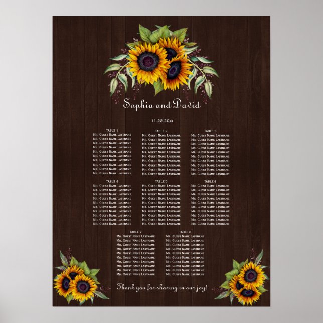 Chic Sunflowers Holz Wedding Seating Chart Poster (Vorne)