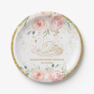 Chic Swan Blush Pink Floral Baby Dusche Geburtstag Pappteller