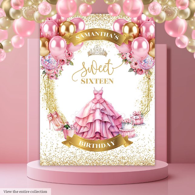 Chic Sweet 16 Banner Pink Gold Balloons Glitzer Wandteppich (Chic Sweet 16 Banner Pink Gold Balloons Glitter)