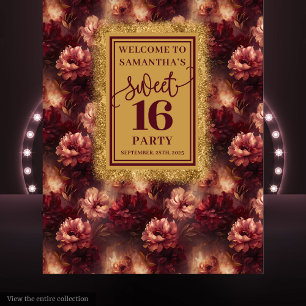 Chic Sweet 16 Blush Burgundy Gold Party Banner Wandteppich