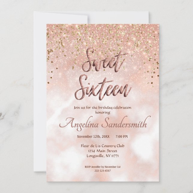 Chic Sweet 16 Blush Pink Rose Gold Glitzer Einladung (Vorderseite)