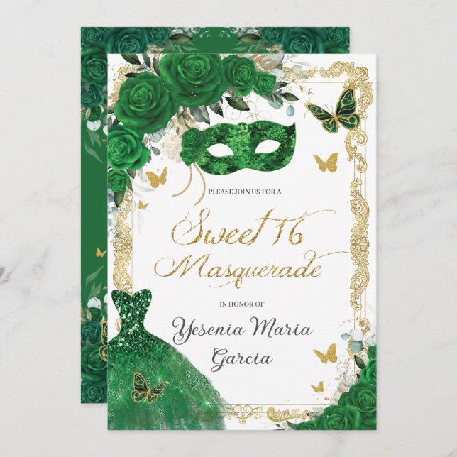 Chic Sweet 16 Masquerade Emerald Green Floral Gold Einladung (Vorne/Hinten)