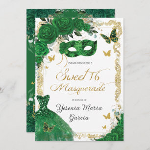 Chic Sweet 16 Masquerade Emerald Green Floral Gold Einladung