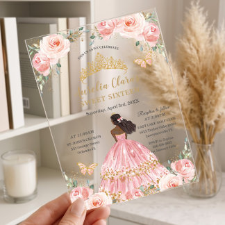 Chic Sweet 16 Rosafarbenes Florales Braunes Prinze Acryleinladungen