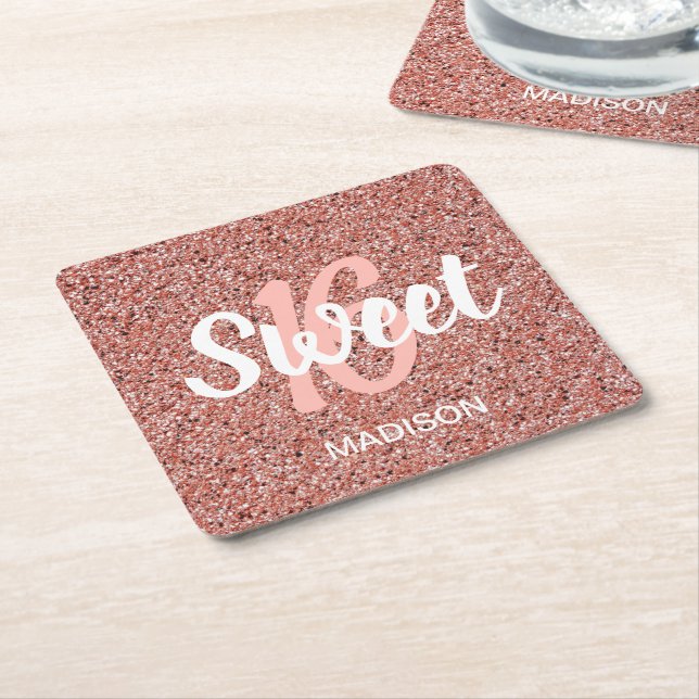 Chic Sweet 16 Rose Gold Pink Glitzer Personalisier Rechteckiger Pappuntersetzer (angewinkelt)