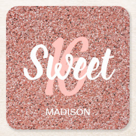 Chic Sweet 16 Rose Gold Pink Glitzer Personalisier Rechteckiger Pappuntersetzer