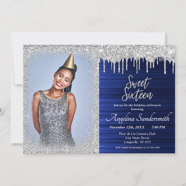 Chic Sweet 16 Silver Blue Glitzer Glitzern Einladung (Vorderseite)