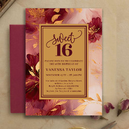 Chic Sweet Sixteen Burgundy Roses Gold Invitation Einladung