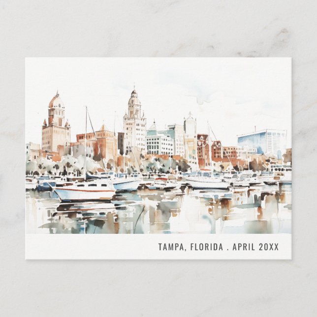 Chic Tampa Florida Skyline Watercolor Travel Postkarte (Vorderseite)