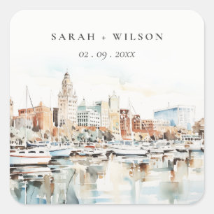 Chic Tampa Florida Skyline Watercolor Wedding Quadratischer Aufkleber
