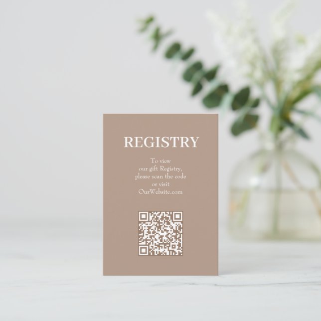 Chic Tan Wedding Registry QR Code Begleitkarte (Stehend Vorderseite)