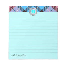 Chic Tartan Custom Script Monogram Cyan Lined Notizblock