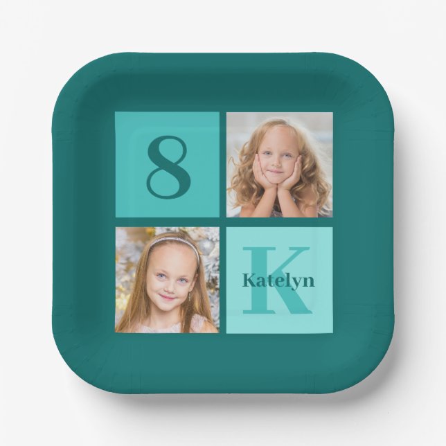 Chic Teal Birthday Party Custom Photo Collage Pappteller (Vorderseite)