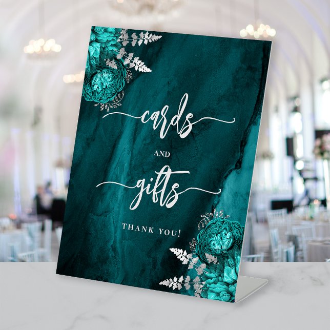 Chic Teal Blue Silver Floral Wedding Cards Gifts Sockelschild (Von Creator hochgeladen)