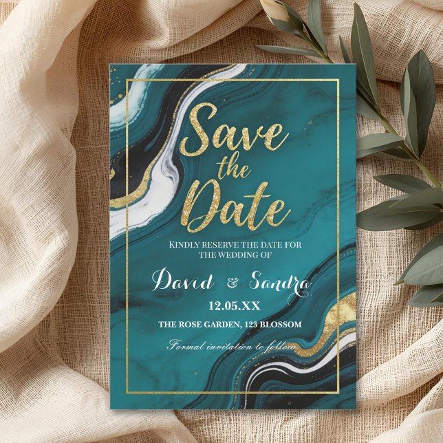 Chic Teal Gold Agate Marble Modern Wedding  Save The Date (Von Creator hochgeladen)