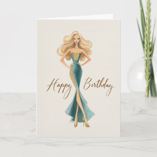 Chic Teal Gold Elegant Fashionista Birthday Karte (Vorderseite)