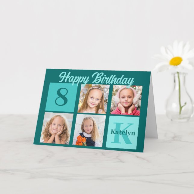 Chic Teal Happy Birthday Custom Photo Collage Karte (Kleine Pflanze)