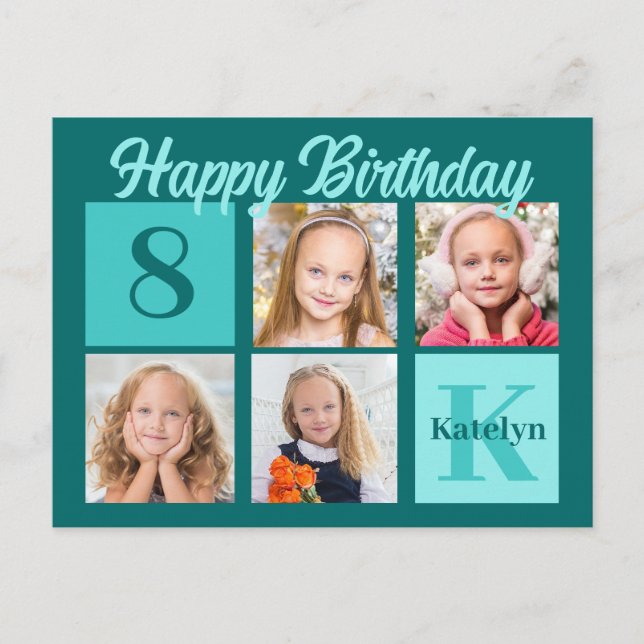 Chic Teal Happy Birthday Custom Photo Collage Postkarte (Vorderseite)