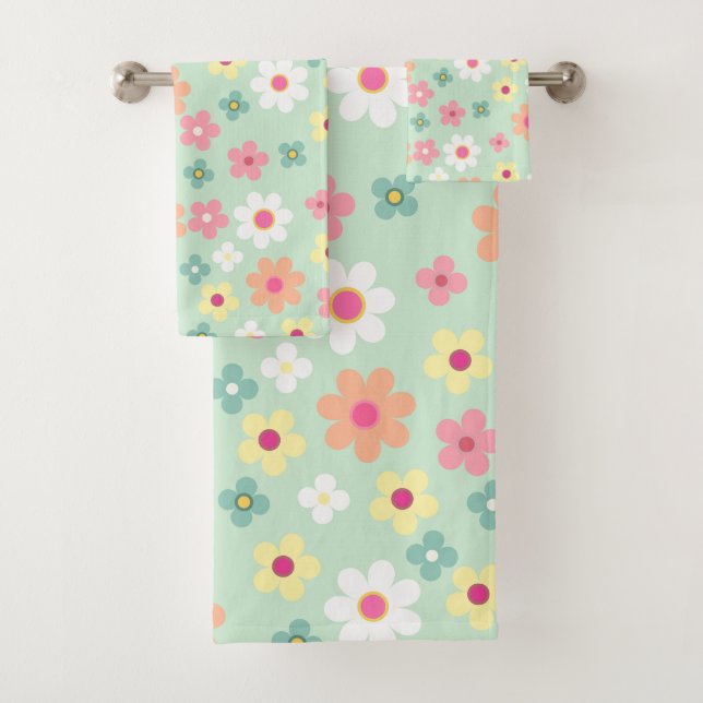 Chic teal & orang pink cute floral pattern badhandtuch set (Insitu)