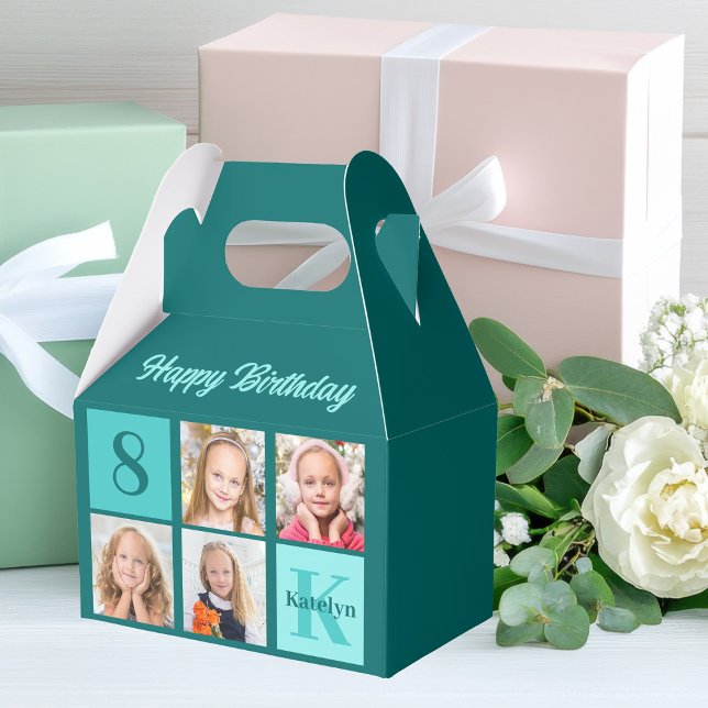 Chic Teal Photo Collage Custom Birthday Party Geschenkschachtel (Von Creator hochgeladen)