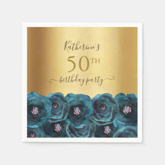 Chic Teal Rose Floral Gold 50th Birthday Party Serviette