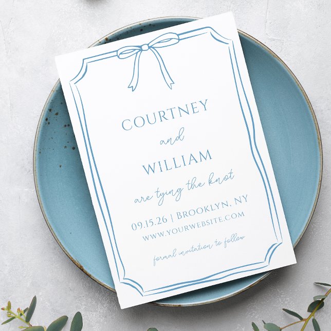 Chic "The Knot binden" Hand Gezeichnet Bow Dusty B Save The Date (Invite your guests with this soft blue wedding invitation—perfect for timeless and serene weddings.)
