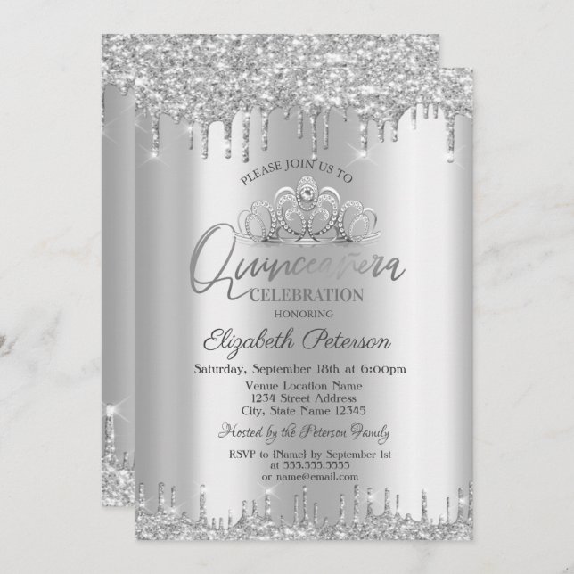 Chic Tiara, Silver Glitzer Drops Quinceañera Einladung (Vorne/Hinten)