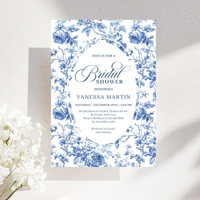 Chic Timeless Navy Chinoiserie Toile Bridal Shower Einladung (Timeless Navy Chinoiserie Toile Bridal Shower Invitation)