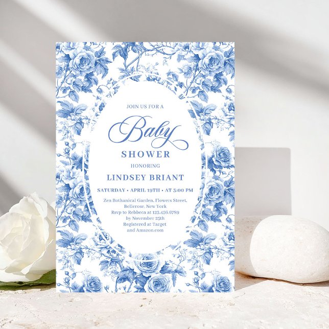 Chic Timeless Royal Blue Toile de Jouy Baby Shower Einladung (Timeless Royal Blue Toile de Jouy Baby Shower Invite)
