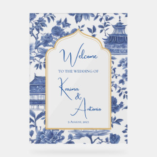Chic-tique Chinoiserie Akryllische Begrüßung Blau Acrylschild