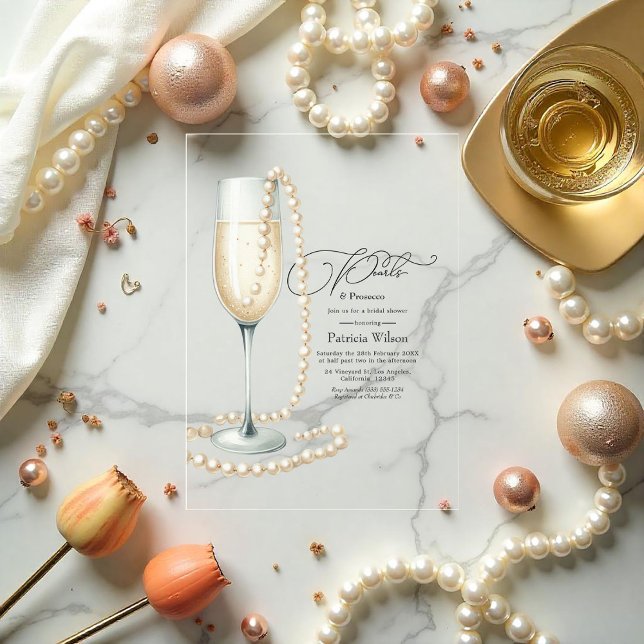 Chic Transparente Perlen und Prosecco-Brautparty Acryleinladungen (Chic Transparent Pearls and Prosecco Bridal Shower Acrylic Invitations)