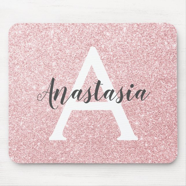 Chic & Trendige Roségold Glitter Funkeln Monogramm Mousepad (Vorne)